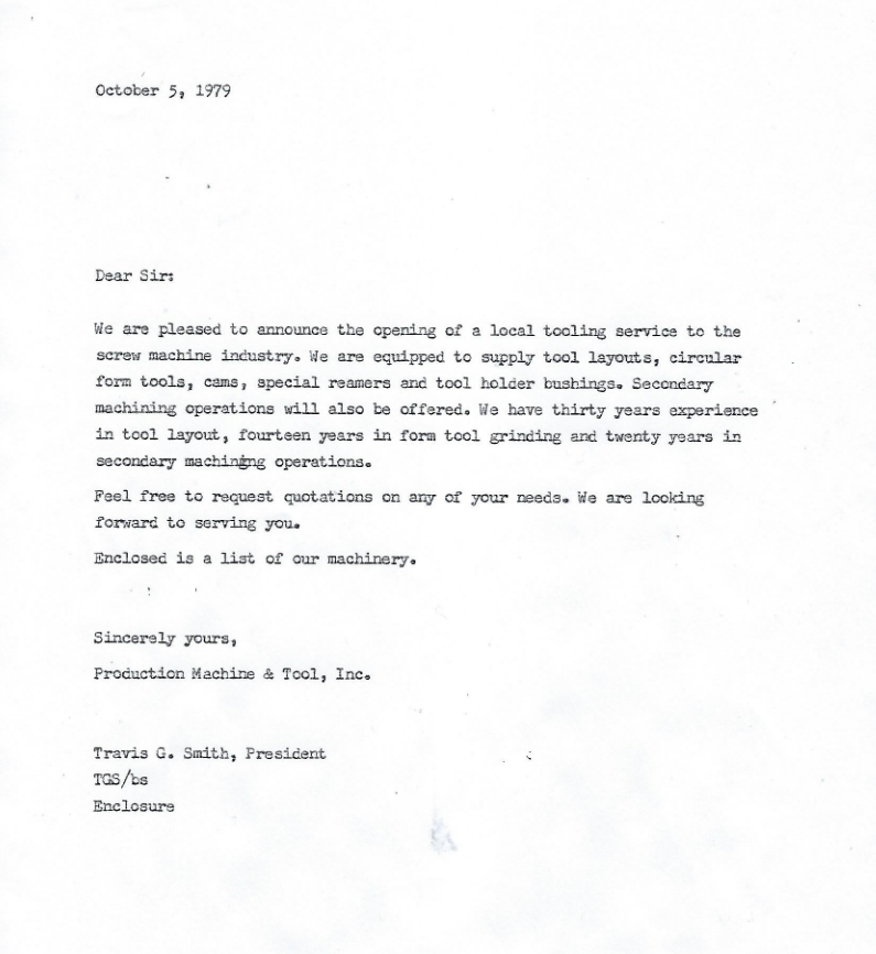 Original October 5, 1979 opening announcement from Production Machine & Tool
